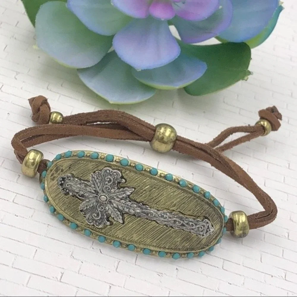 🌼 Western Cross Silver Gold Pull Tie Bracelet
